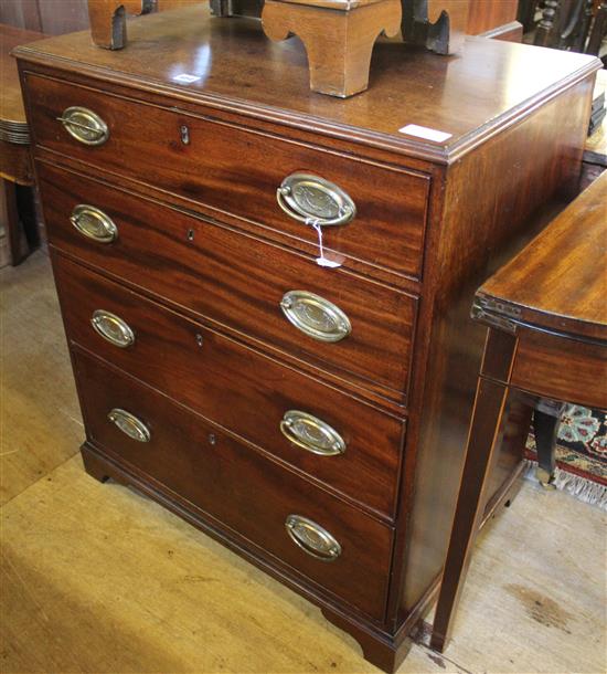 19th century small mahogany straight front chest, 4 graduated drawers with brass handles